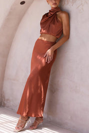 Satijnen haltertop en maxi rok set – Elira
