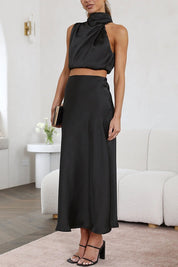 Satijnen haltertop en maxi rok set – Elira