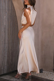 Satijnen haltertop en maxi rok set – Elira