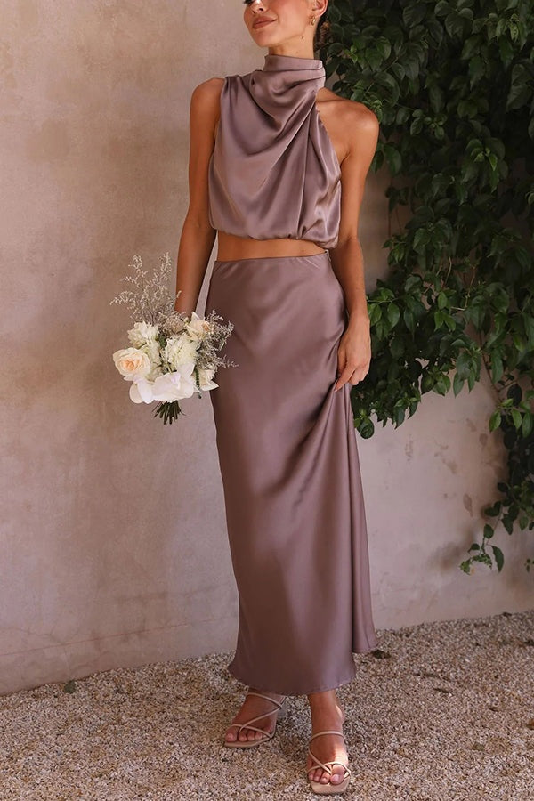Satijnen haltertop en maxi rok set – Elira