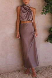 Satijnen haltertop en maxi rok set – Elira