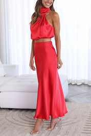Satijnen haltertop en maxi rok set – Elira