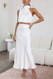 Satijnen haltertop en maxi rok set – Elira