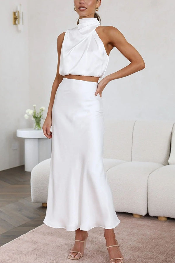 Satijnen haltertop en maxi rok set – Elira