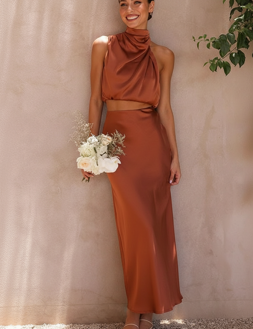 Satin halter top and maxi skirt set – Elira