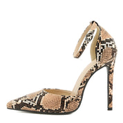 Slangenprint pumps met enkelband en stiletto hak – Vivienne