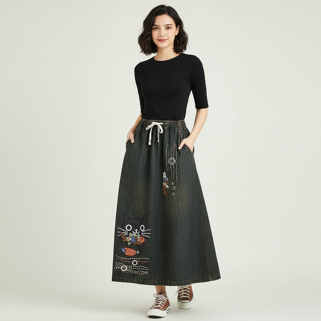 Speelse denim maxi rok met borduurdetails – Elodie