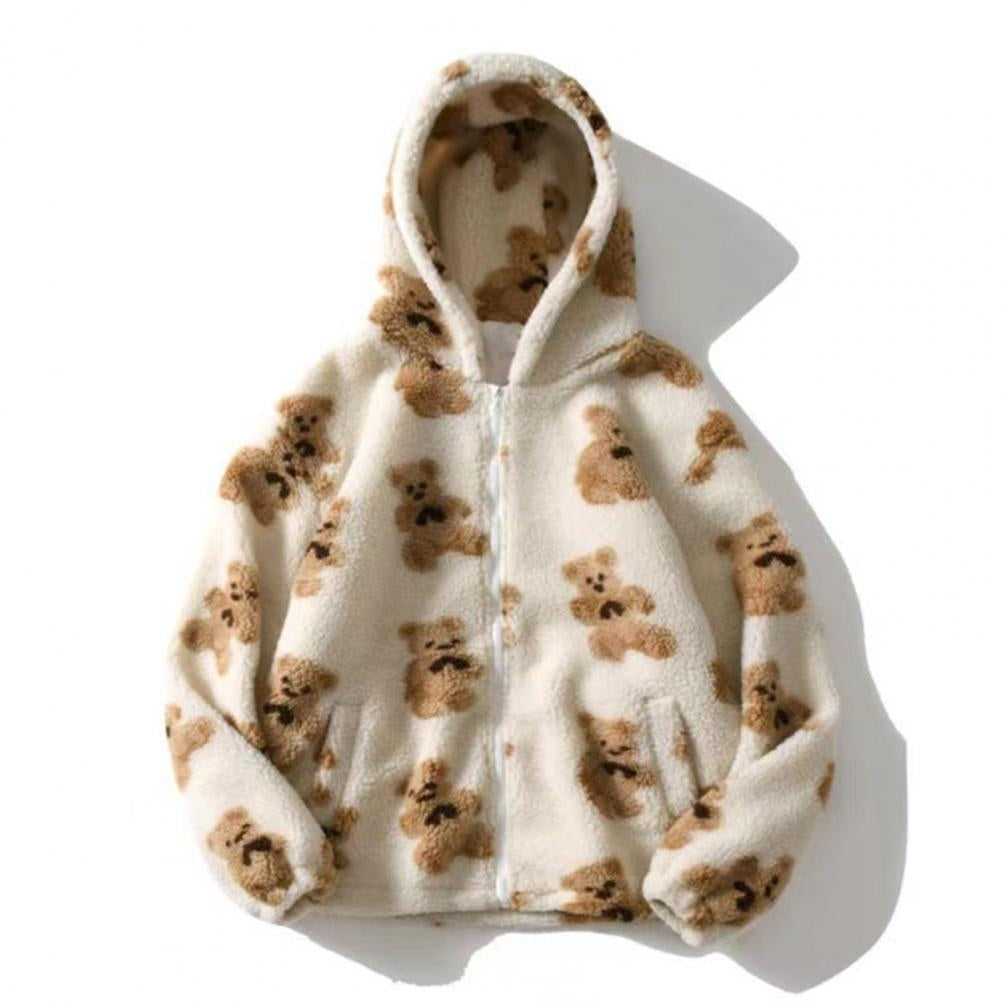 Speelse teddy sherpa hoodie met berenprint – Liora