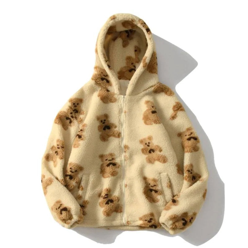 Speelse teddy sherpa hoodie met berenprint – Liora