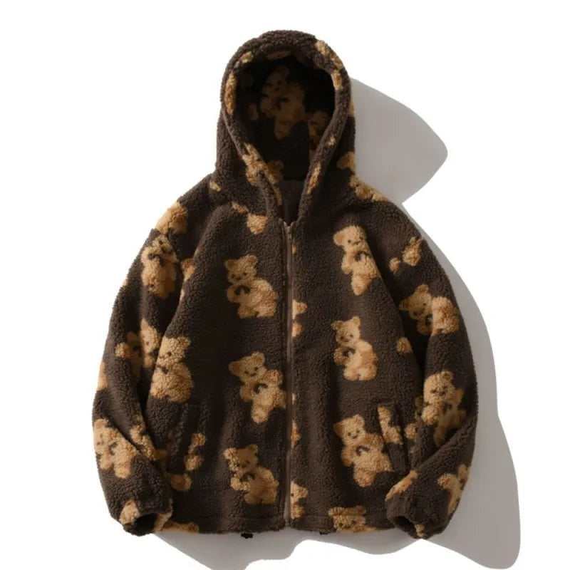 Speelse teddy sherpa hoodie met berenprint – Liora