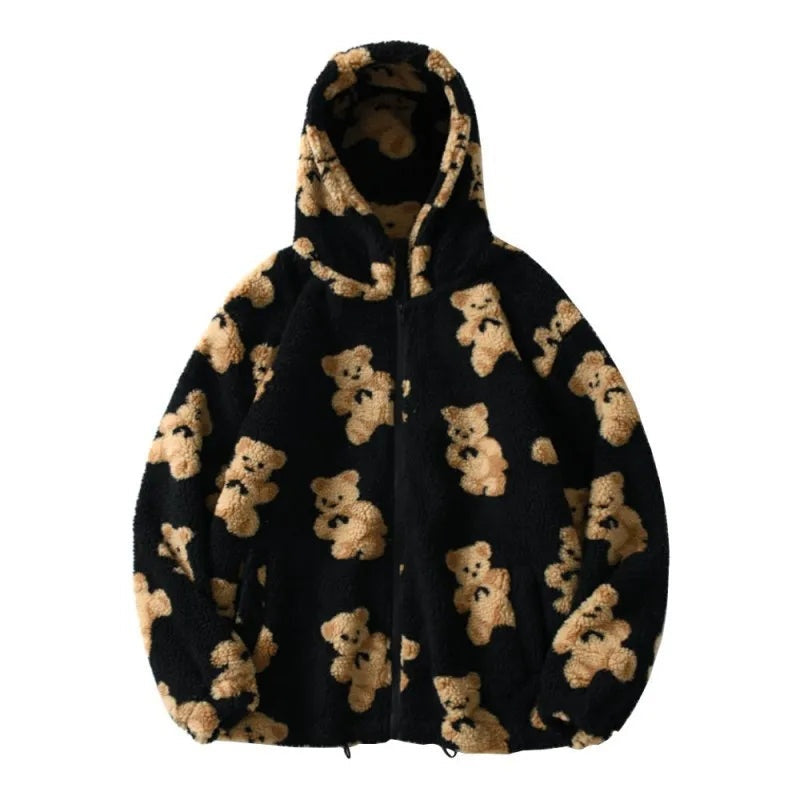 Speelse teddy sherpa hoodie met berenprint – Liora