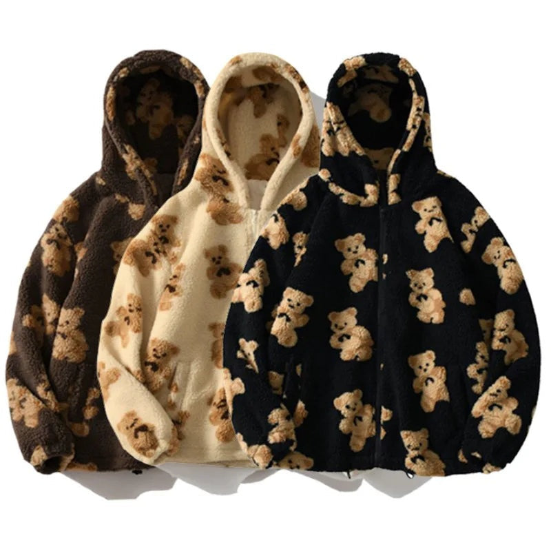 Speelse teddy sherpa hoodie met berenprint – Liora