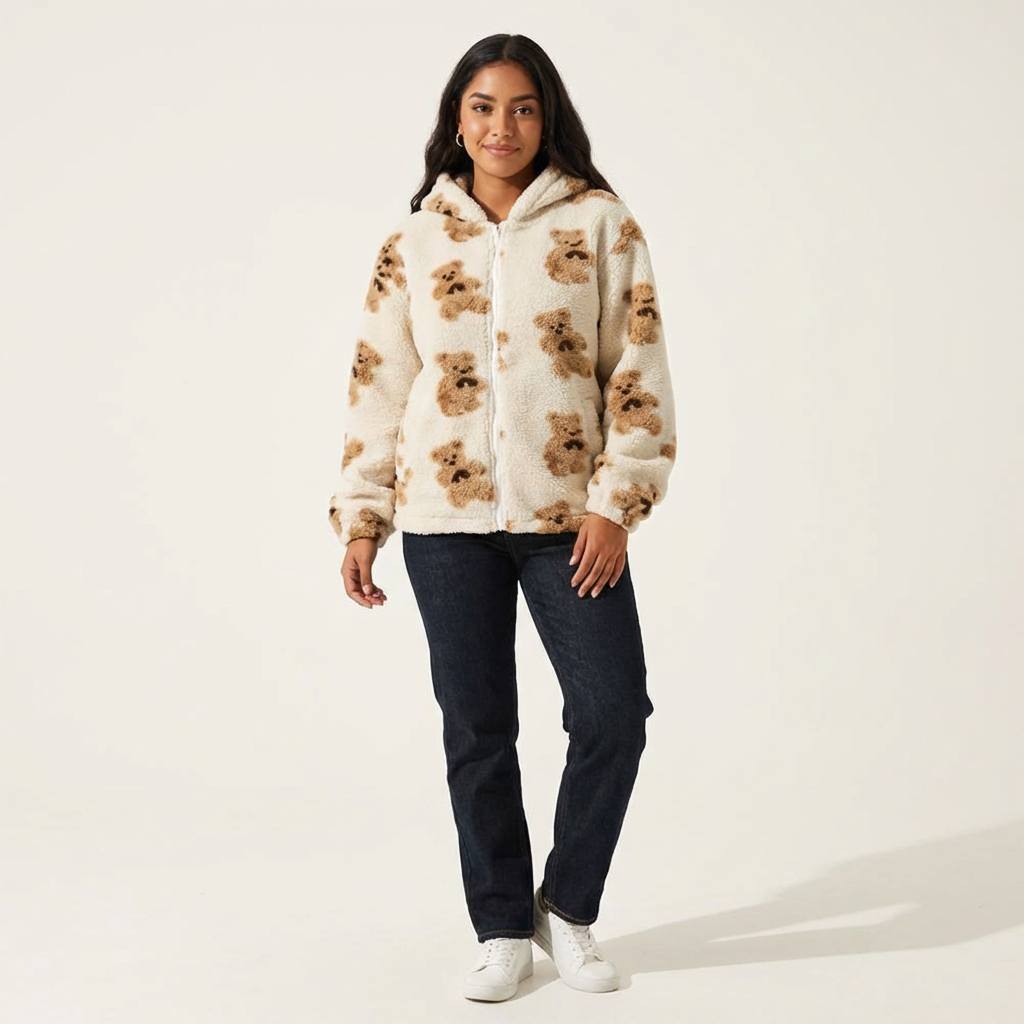 Speelse teddy sherpa hoodie met berenprint – Liora