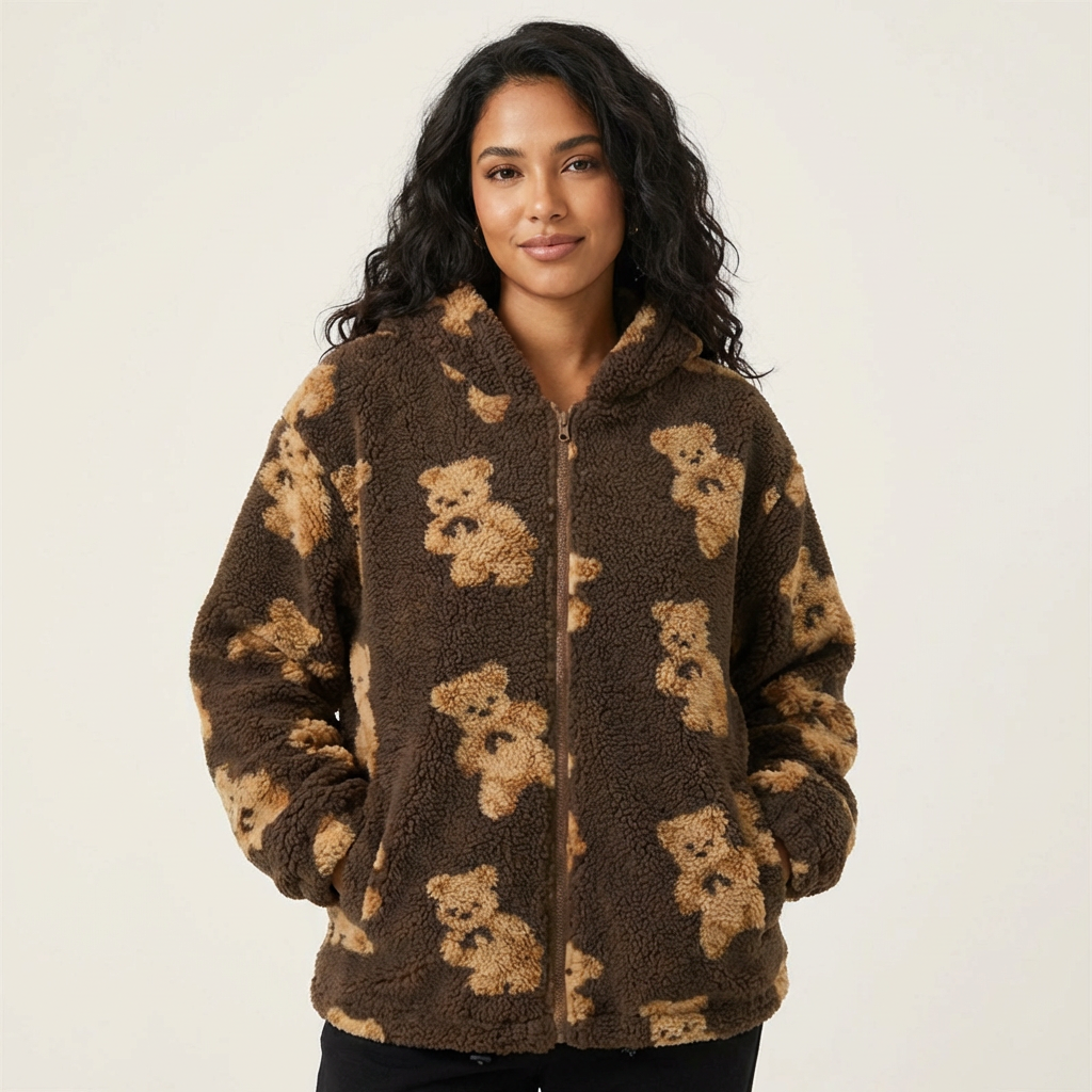 Speelse teddy sherpa hoodie met berenprint – Liora
