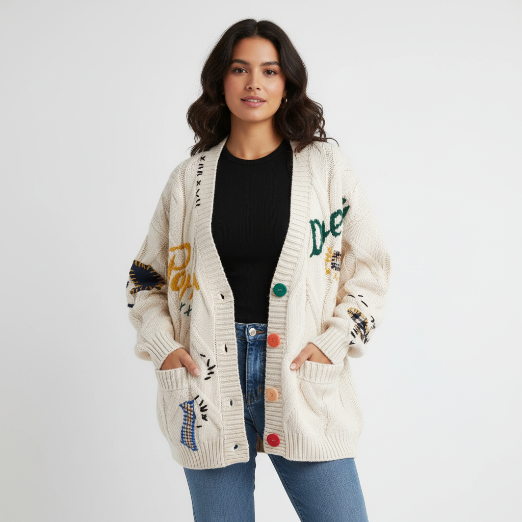 Speels gebreid dames vest met patchwork details – Demi