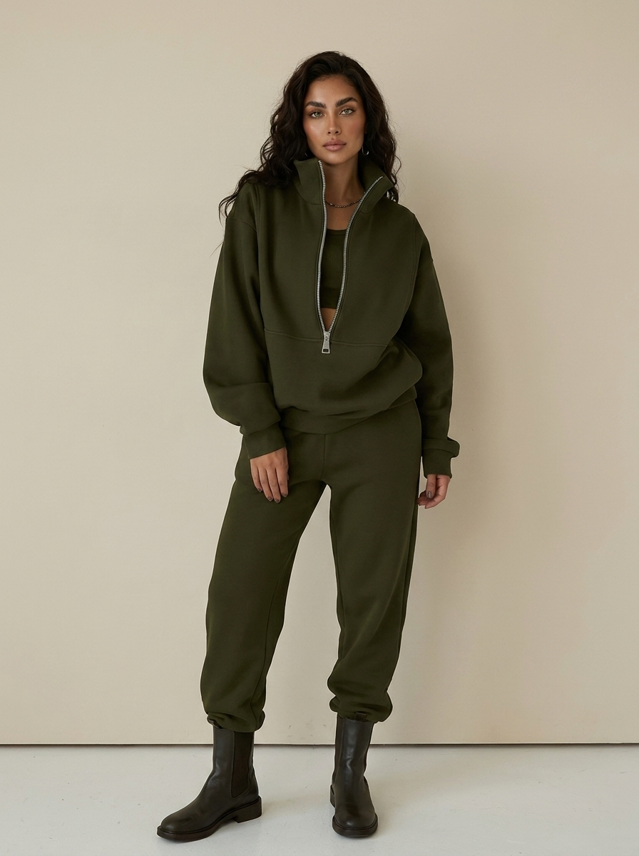 Sportieve dames set met half-zip trui en comfortabele broek