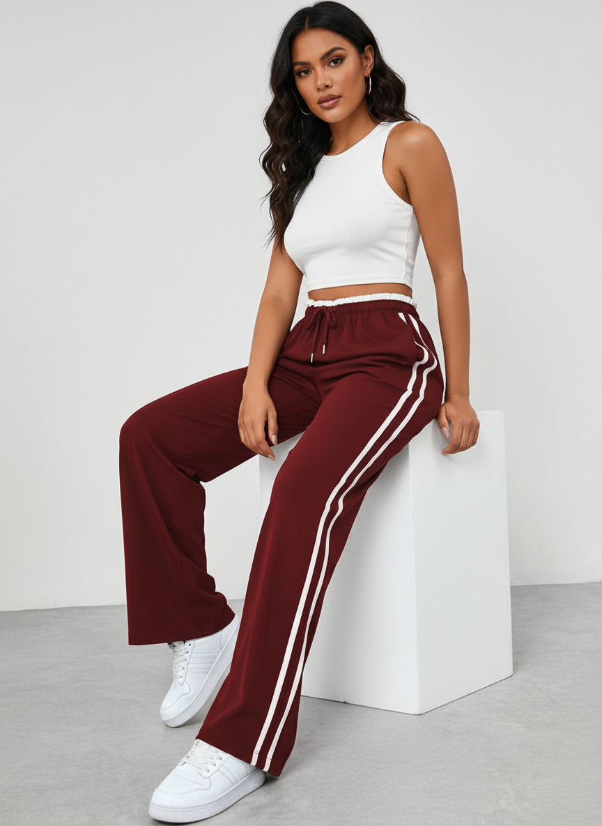 Sportieve wide leg broek met hoge taille en contrasterende strepen