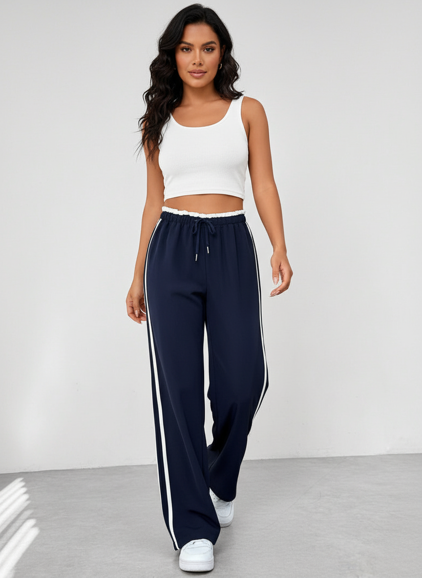 Sportieve wide leg broek met hoge taille en contrasterende strepen