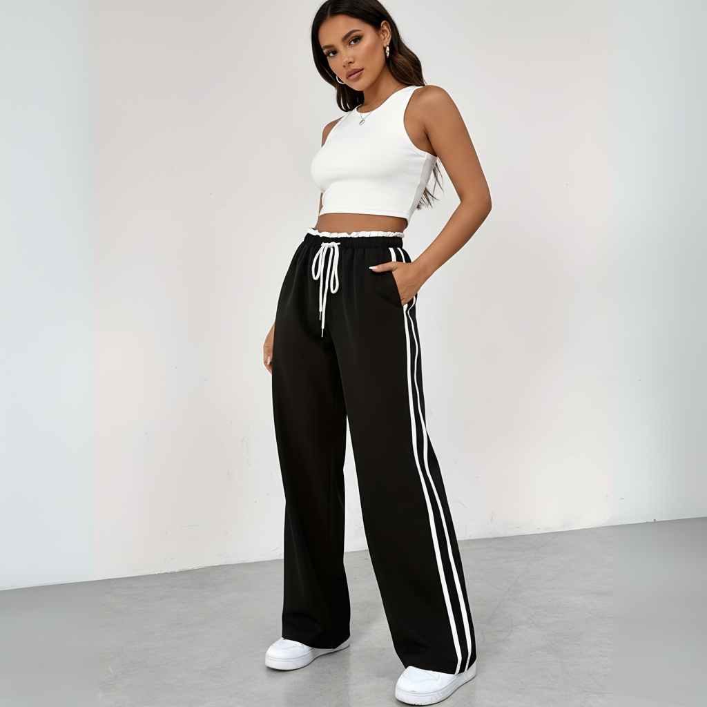 Sportieve wide leg broek met hoge taille en contrasterende strepen