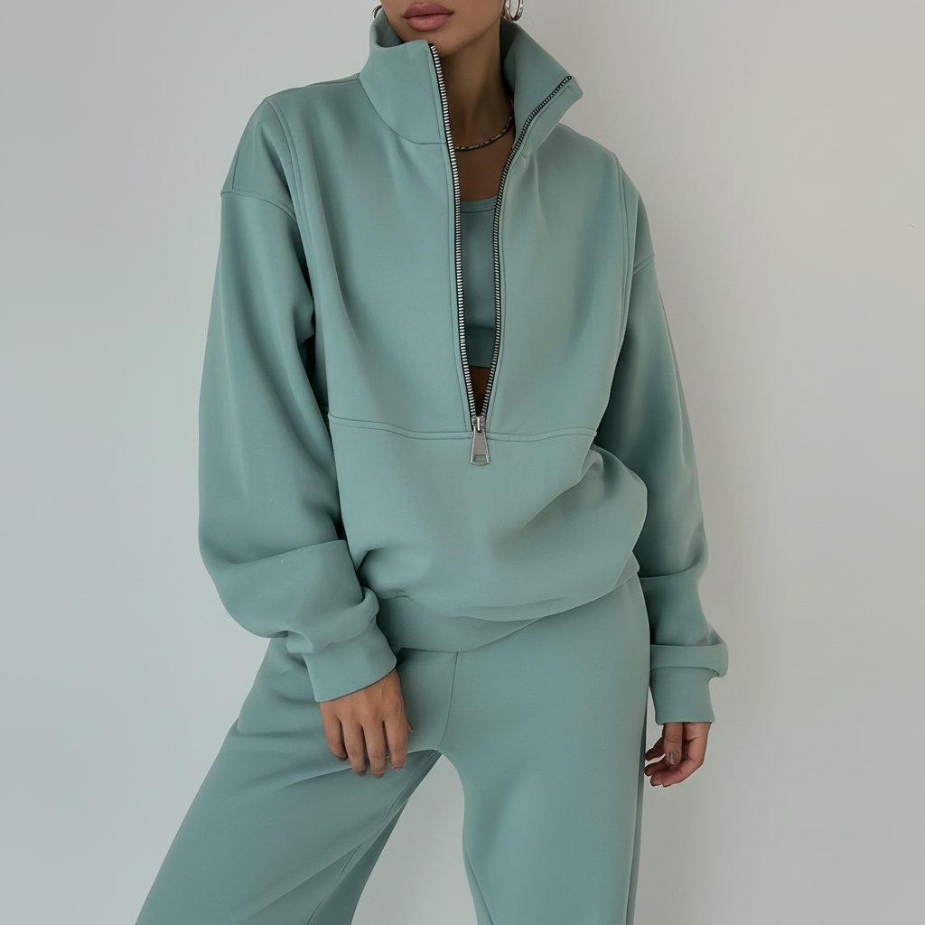 Sportieve dames set met half-zip trui en comfortabele broek