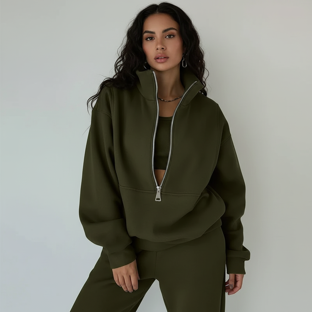 Sportieve dames set met half-zip trui en comfortabele broek