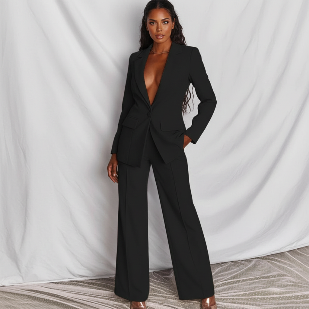 Stijlvol damespak met blazer en wide leg broek – Amélie