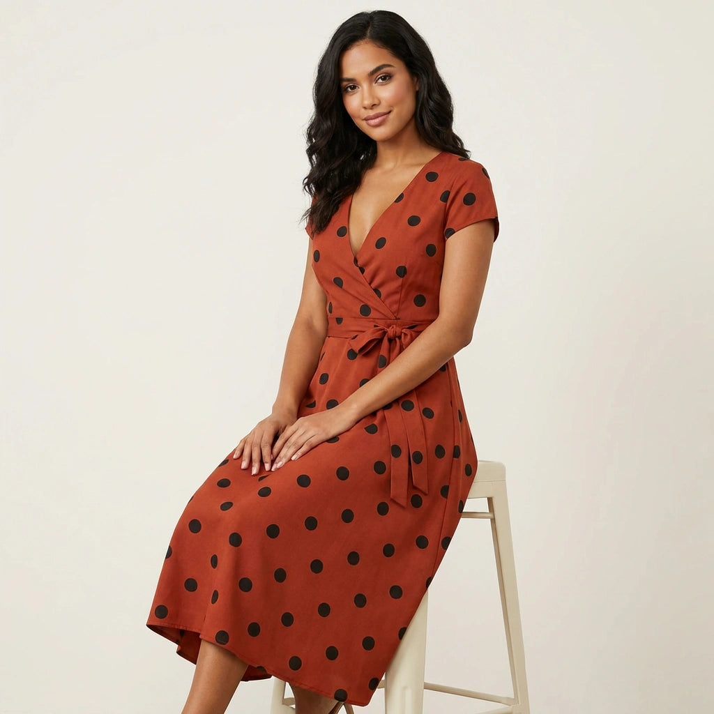 Stijlvolle dames polkadot wikkeljurk – Camille