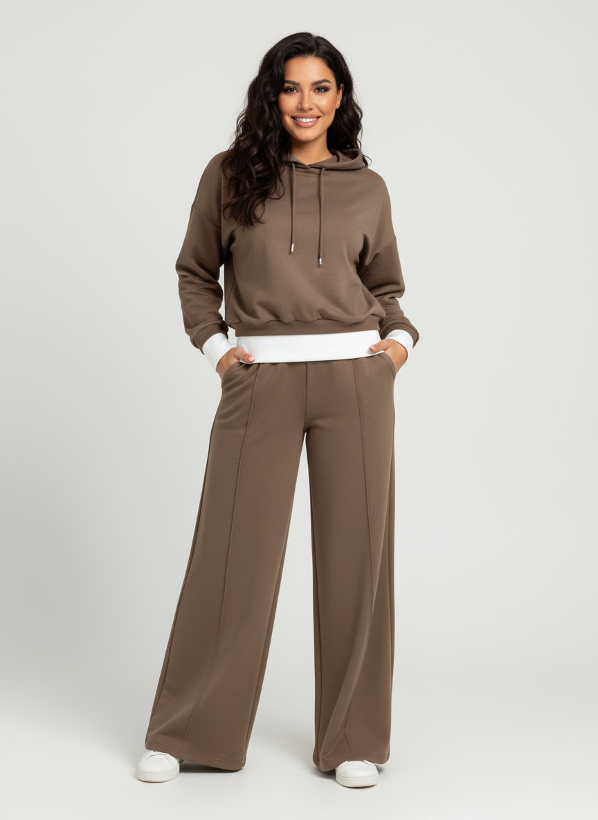 Stijlvolle tweedelige lounge set met hoodie en wide-leg broek – Dina