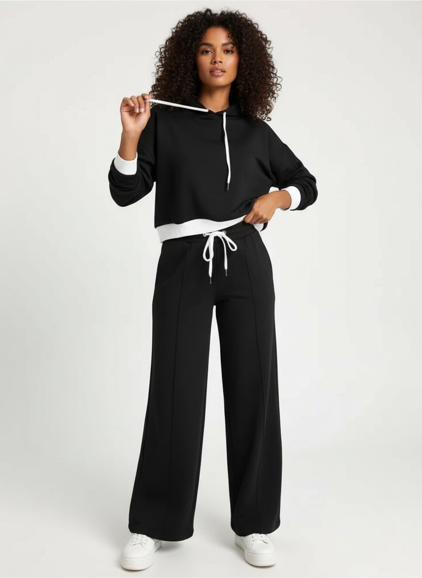 Stijlvolle tweedelige lounge set met hoodie en wide-leg broek – Dina