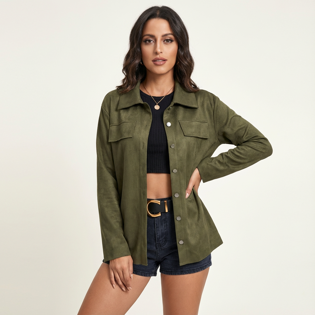 Suede-look women's jacket with button closure – Elara