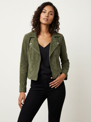 Suède dames bikerjack met asymmetrische rits – Valentina