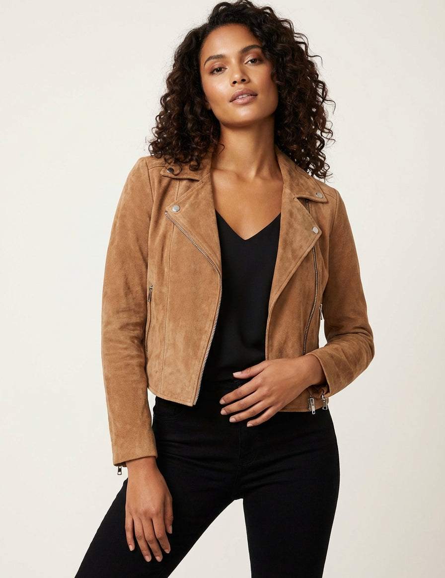 Women's suede biker jacket with asymmetrical zipper – Valentina
