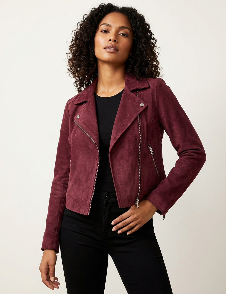 Women's suede biker jacket with asymmetrical zipper – Valentina