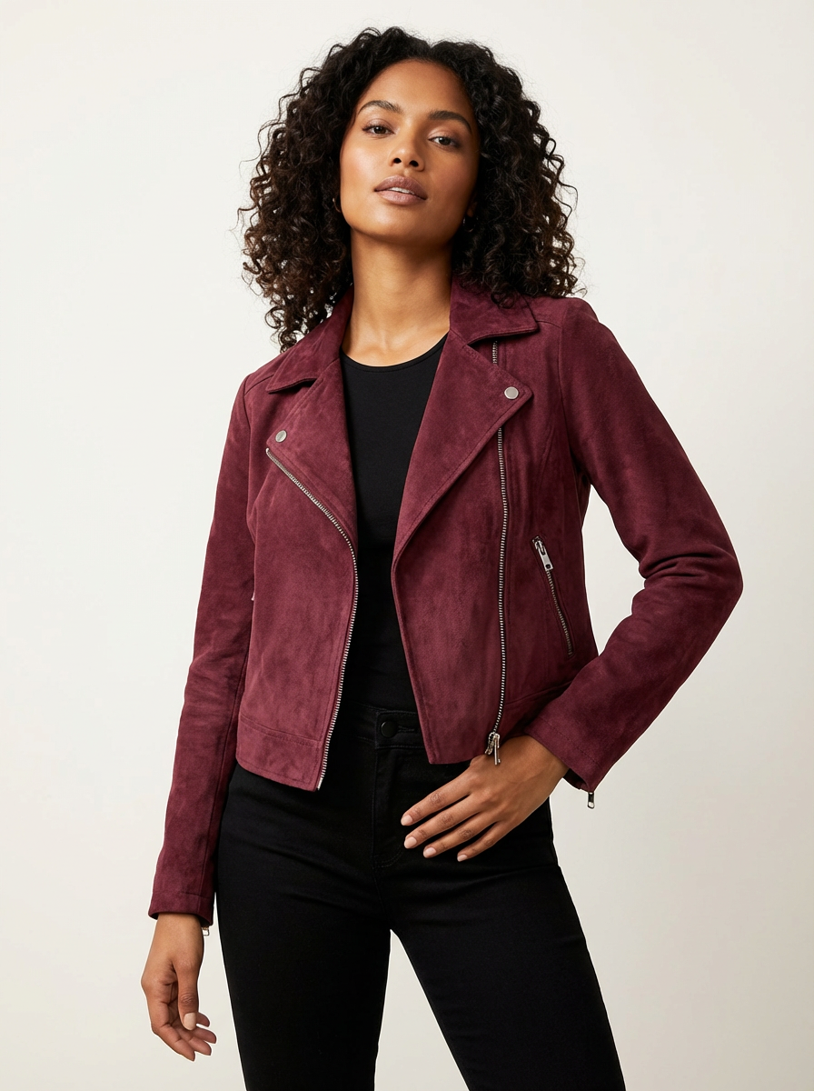 Suède dames bikerjack met asymmetrische rits – Valentina