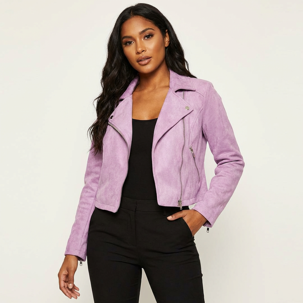 Women's suede biker jacket with asymmetrical zipper – Valentina