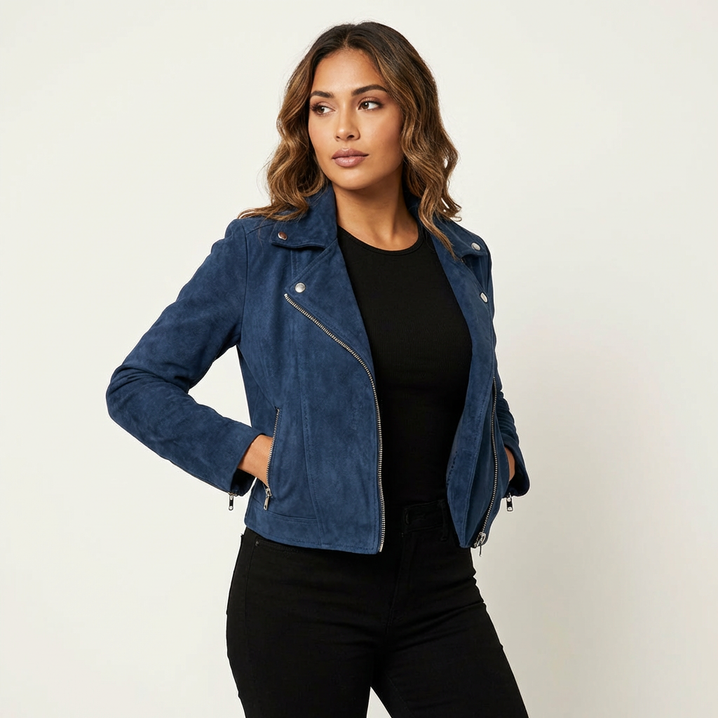 Women's suede biker jacket with asymmetrical zipper – Valentina