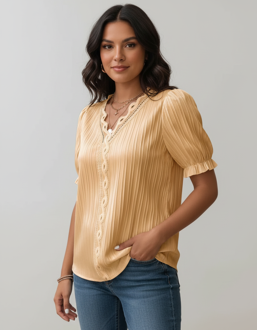 Timeless women's blouse with lace V-neck – Elowen