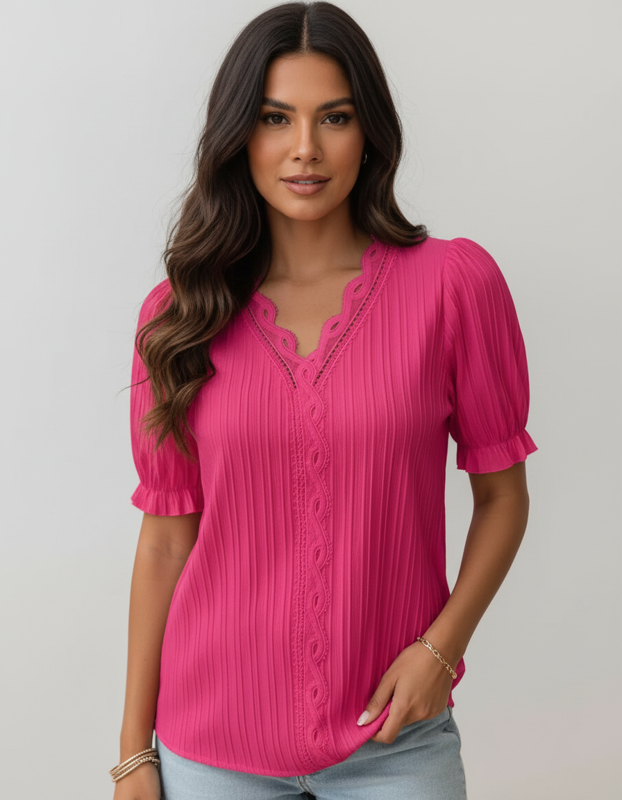 Timeless women's blouse with lace V-neck – Elowen