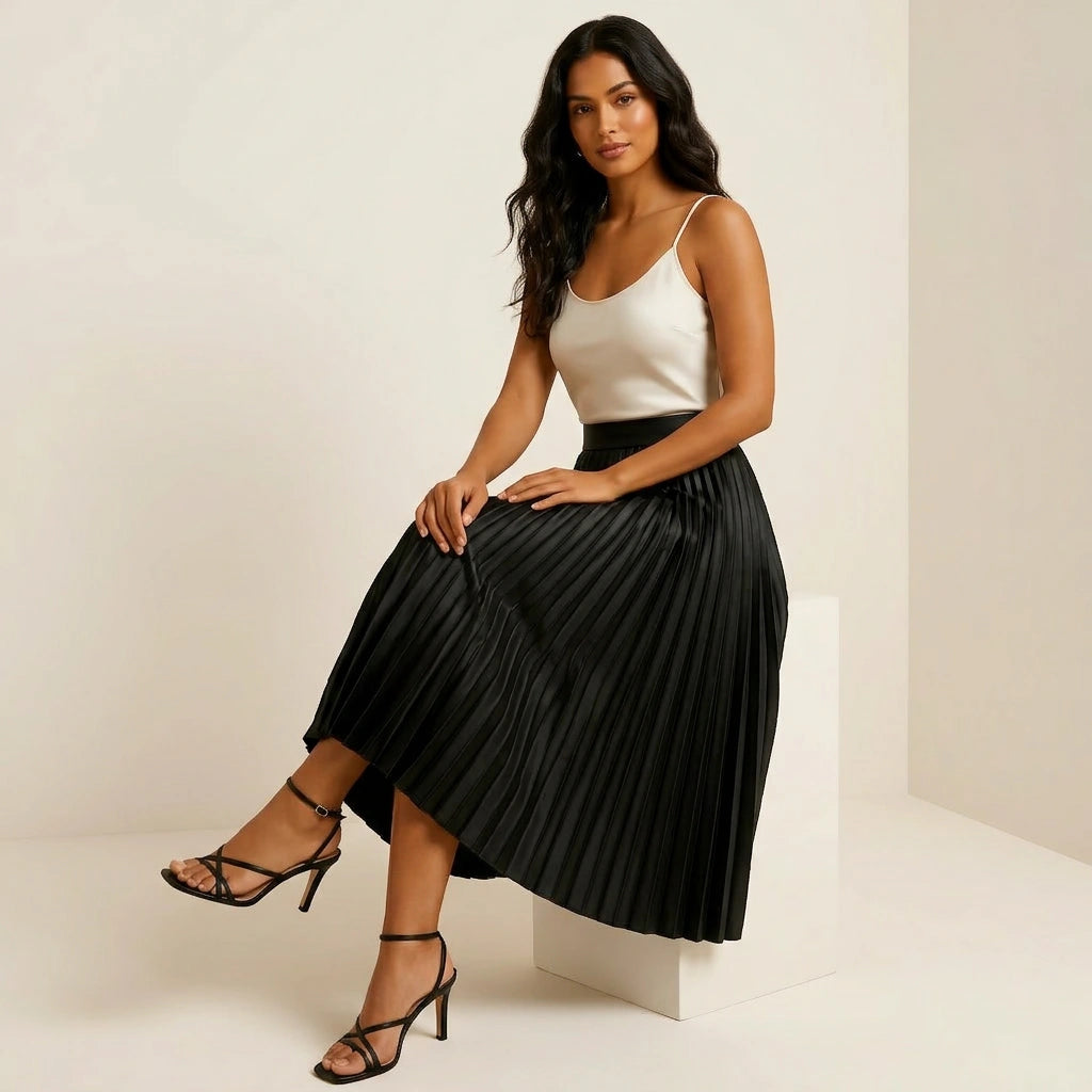 Tijdloze satijnen plissérok met elegante uitstraling