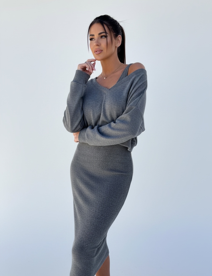 Two-piece midi set with off-shoulder top