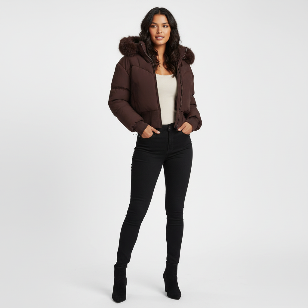 Warme cropped dames winterjas met luxe bontkraag