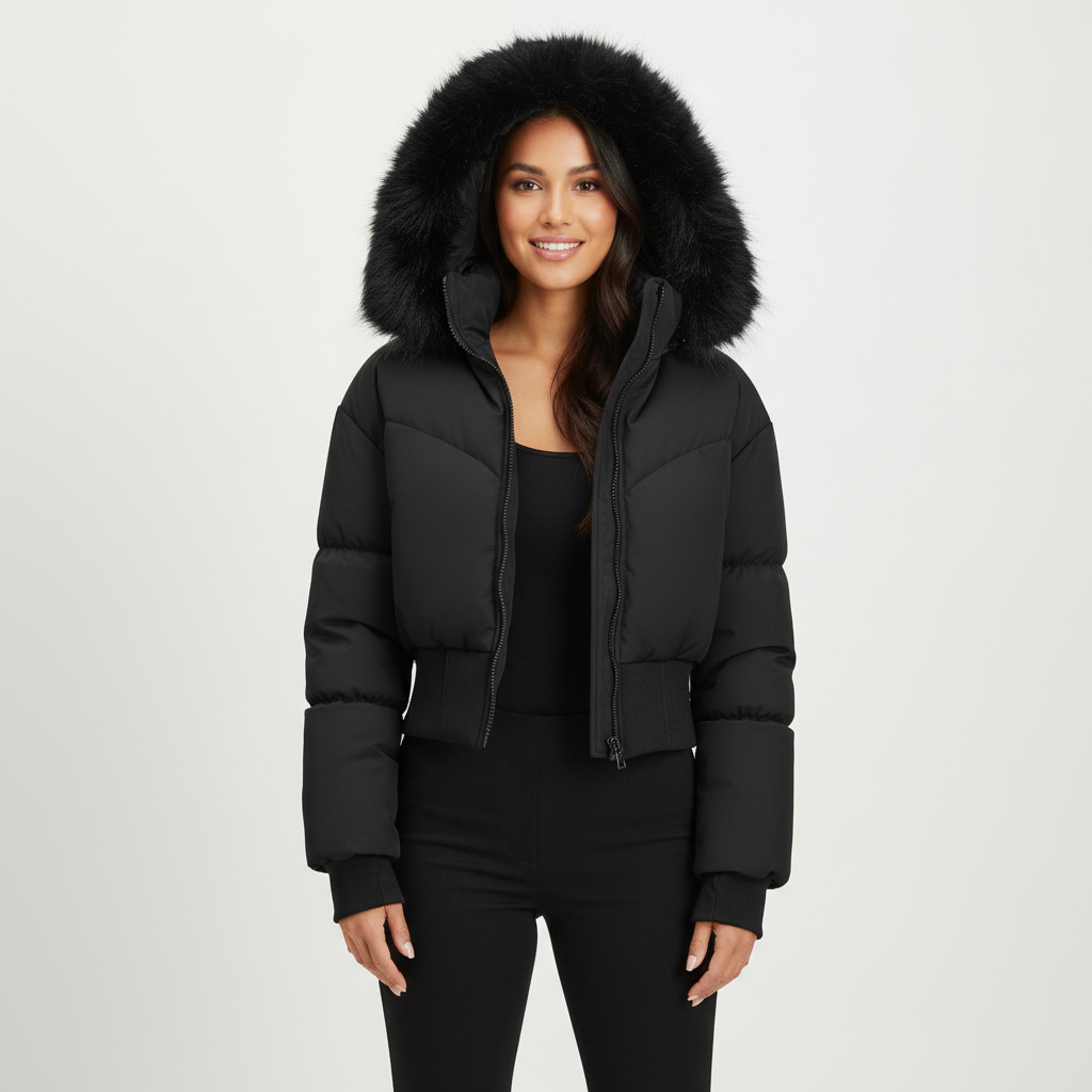 Warme cropped dames winterjas met luxe bontkraag