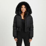 Warme cropped dames winterjas met luxe bontkraag