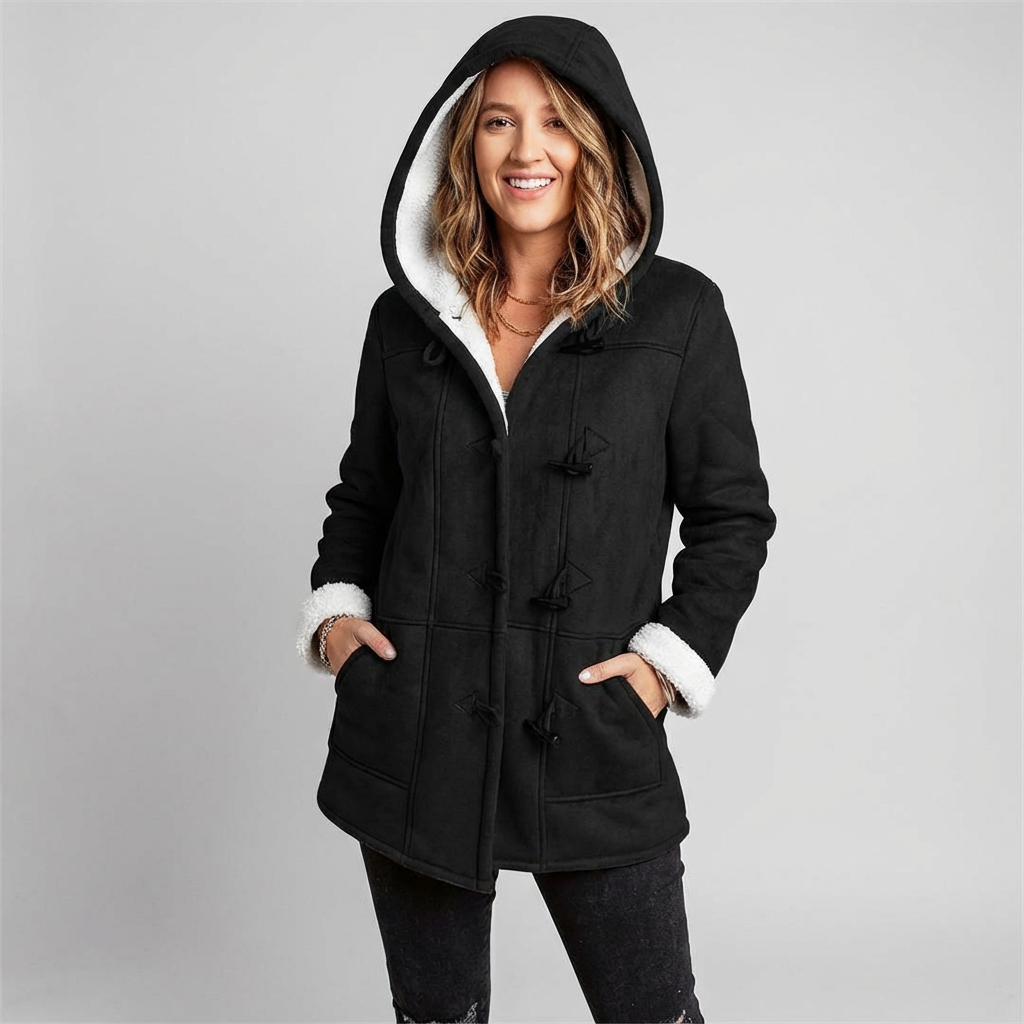 Warme damesjas met capuchon en toggle sluiting