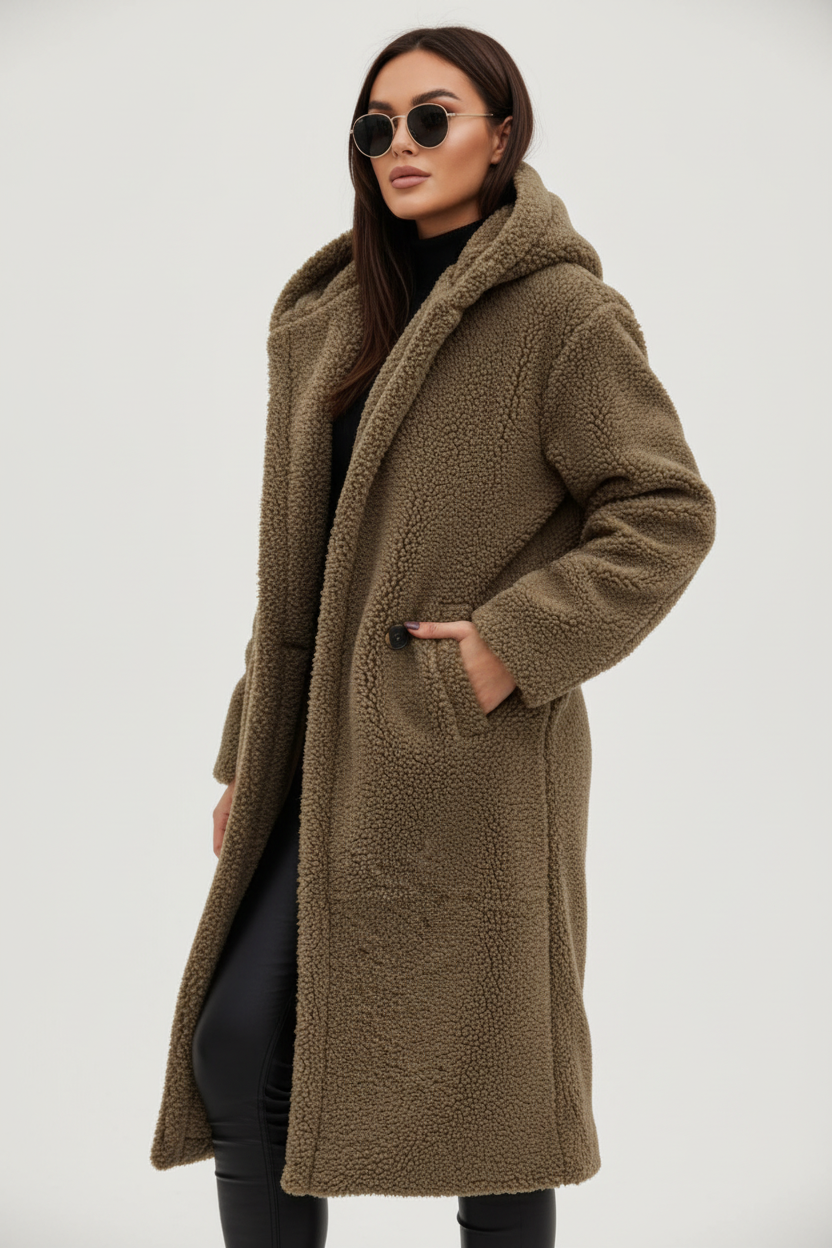 Warme lange teddy damesmantel met luxe fleecevoering