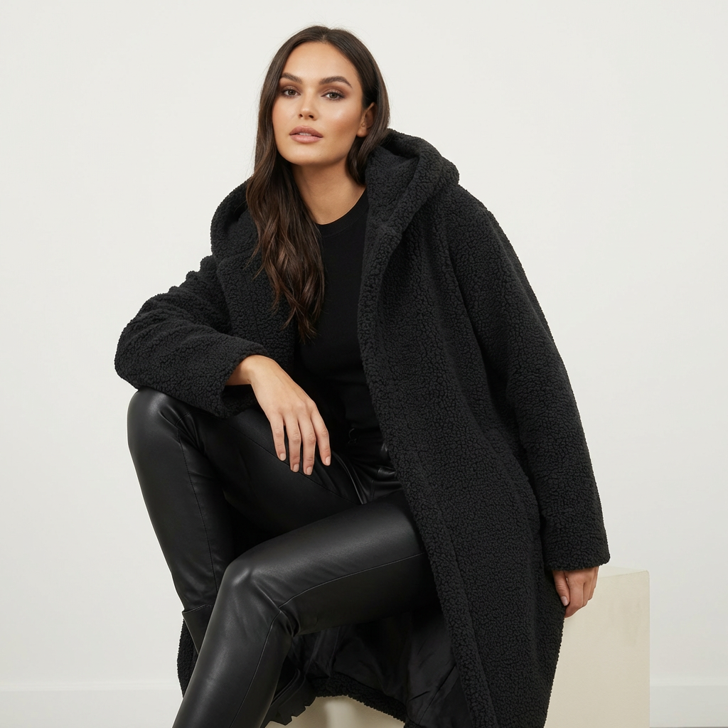 Warme lange teddy damesmantel met luxe fleecevoering