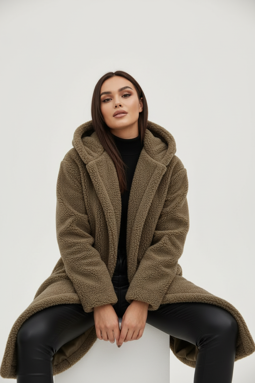 Warme lange teddy damesmantel met luxe fleecevoering