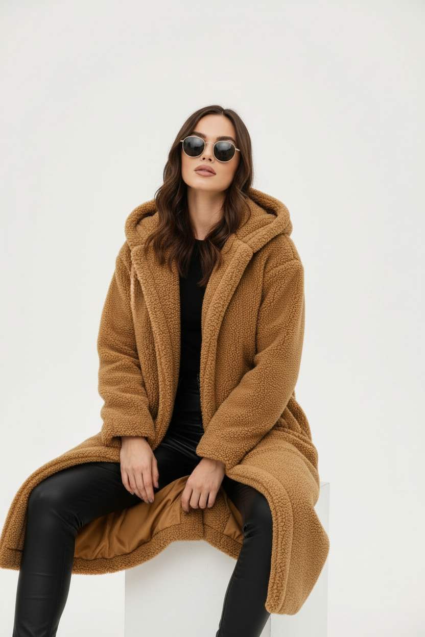 Warme lange teddy damesmantel met luxe fleecevoering