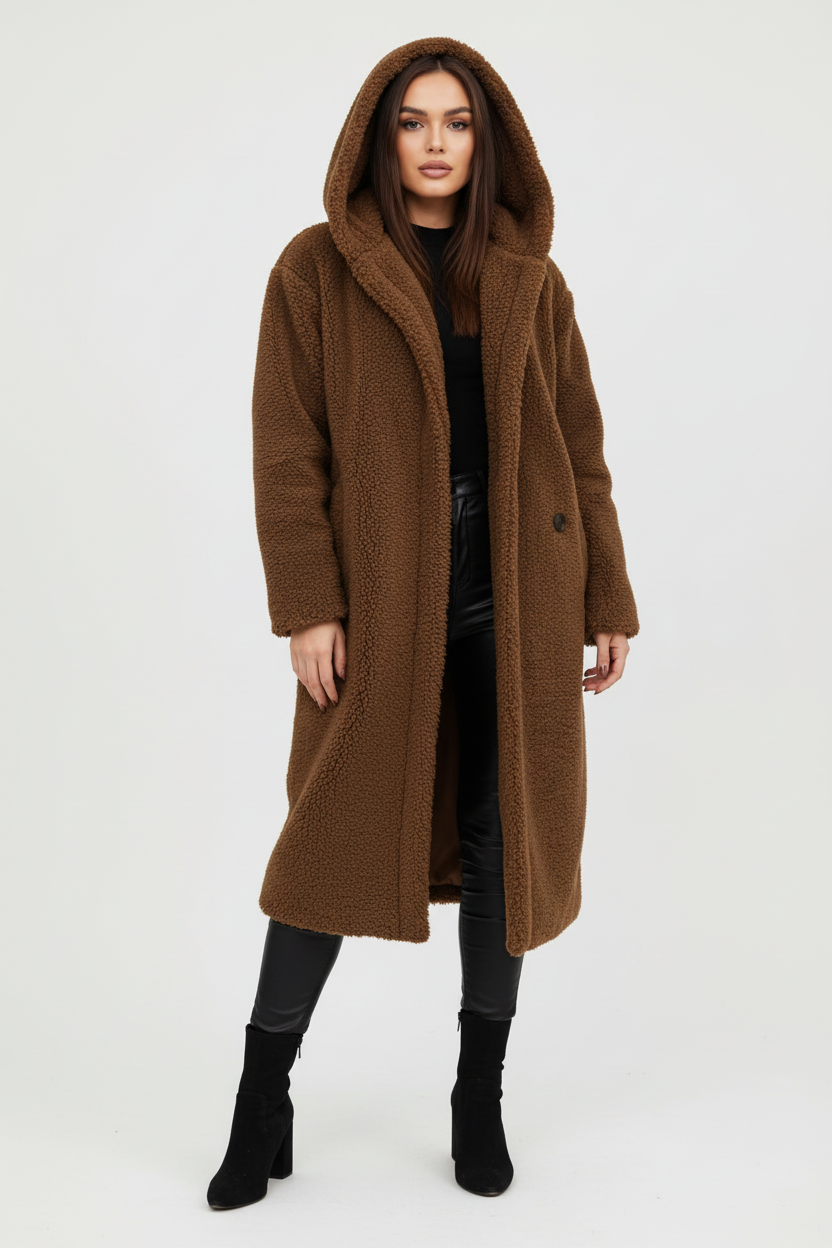 Warme lange teddy damesmantel met luxe fleecevoering