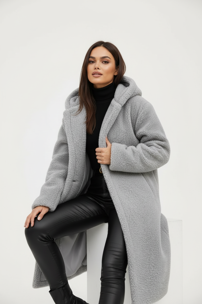 Warme lange teddy damesmantel met luxe fleecevoering